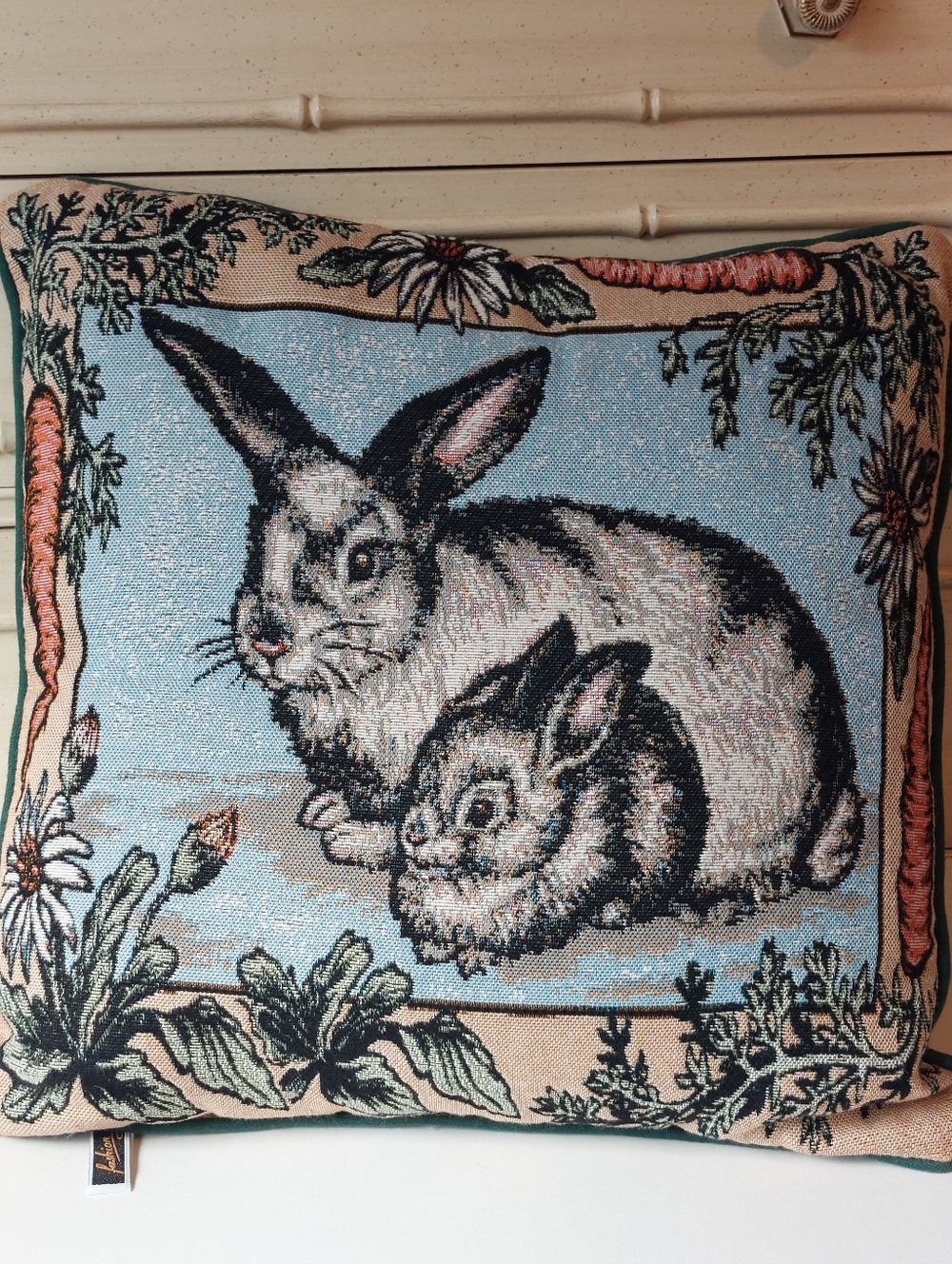 VTG-Style Bunny Tapestry Pillow with Carrot Border - Blue & Cream Easter
